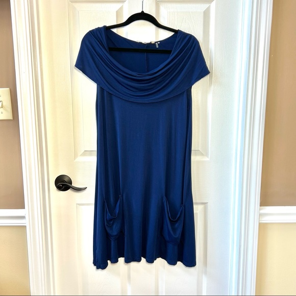 ⭐️ Soft Surroundings Navy Blue Cowl Neck Tunic Sleeveless Pockets  Casual Dress - Picture 3 of 8